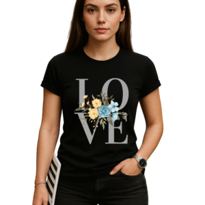 "LOVE Floral Typography T-Shirt – Navy Blue Tee with Yellow & Blue Flowers"