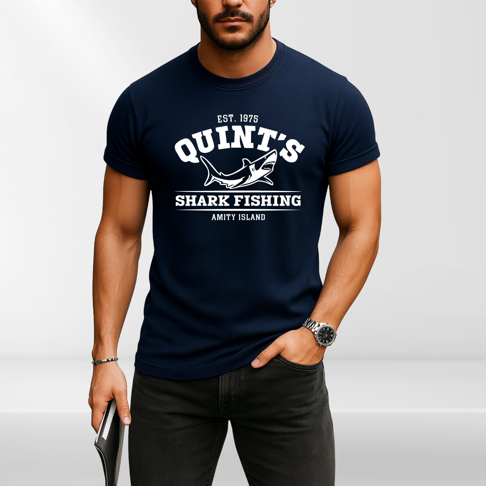 Jaws Quint’s Shark Fishing T-Shirt | Amity Island 1975 Retro Tee | Men’s Shark Hunter Graphic Shirt | Classic Movie Fan Gift