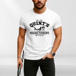 Jaws Quint’s Shark Fishing T-Shirt | Amity Island 1975 Retro Tee | Men’s Shark Hunter Graphic Shirt | Classic Movie Fan Gift