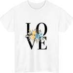 "LOVE Floral Typography T-Shirt – Navy Blue Tee with Yellow & Blue Flowers"