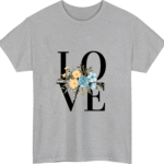 "LOVE Floral Typography T-Shirt – Navy Blue Tee with Yellow & Blue Flowers"