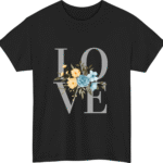"LOVE Floral Typography T-Shirt – Navy Blue Tee with Yellow & Blue Flowers"