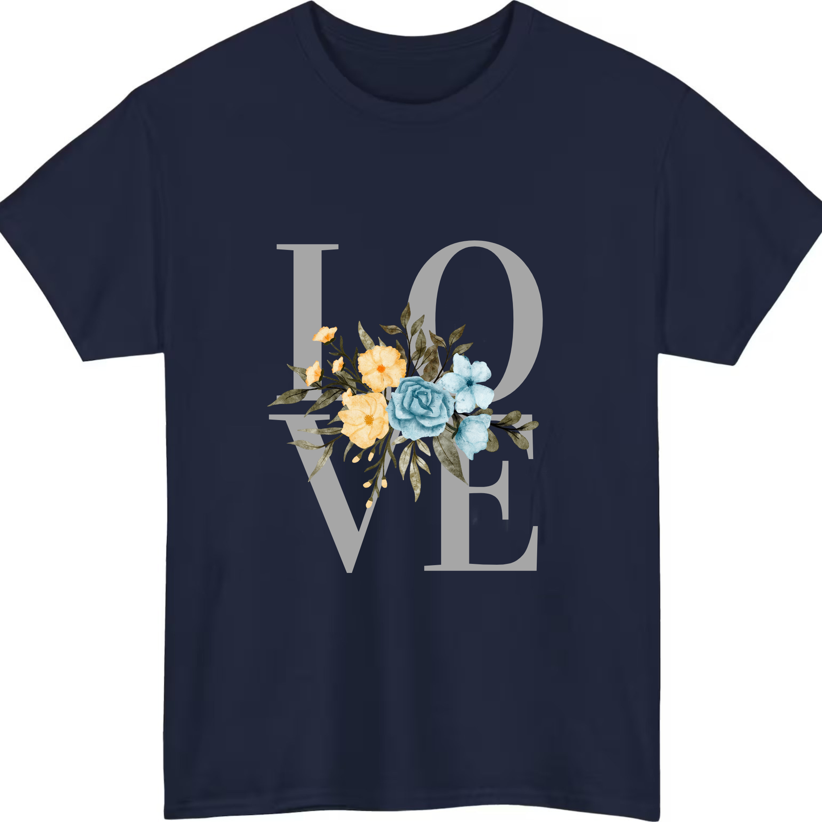 "LOVE Floral Typography T-Shirt – Navy Blue Tee with Yellow & Blue Flowers"