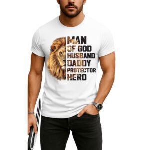 Man of God Husband Daddy Protector Hero T-Shirt | Christian Lion Graphic Tee | Faith-Based Father's Day Gift | Men’s Religious Shirt