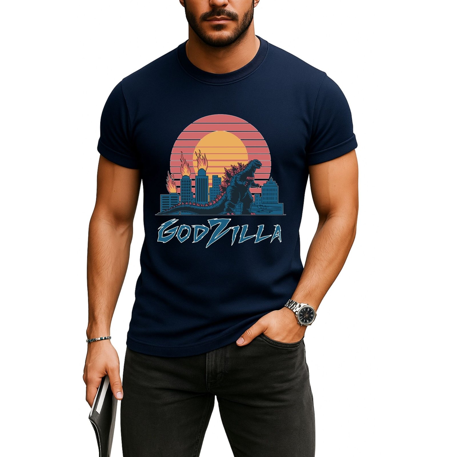 Retro Godzilla T-Shirt – Vintage Sunset Cityscape Graphic Tee for Fans