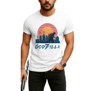 Retro Godzilla T-Shirt – Vintage Sunset Cityscape Graphic Tee for Fans